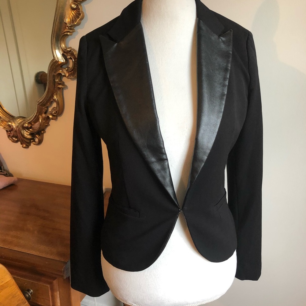 Black blazer jacket with leather collar detail